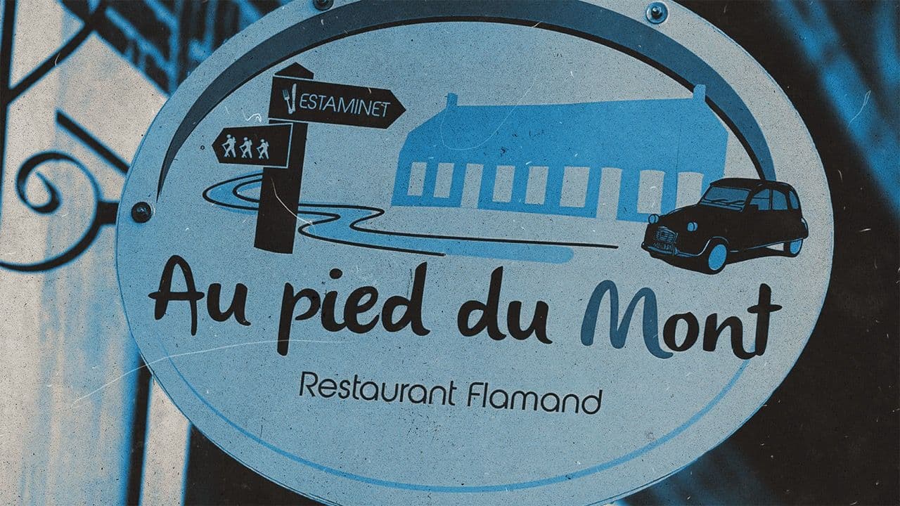 Enseigne murale représentant l’estaminet flamand Au Pied du Mont à Oxelaëre, près de Cassel.