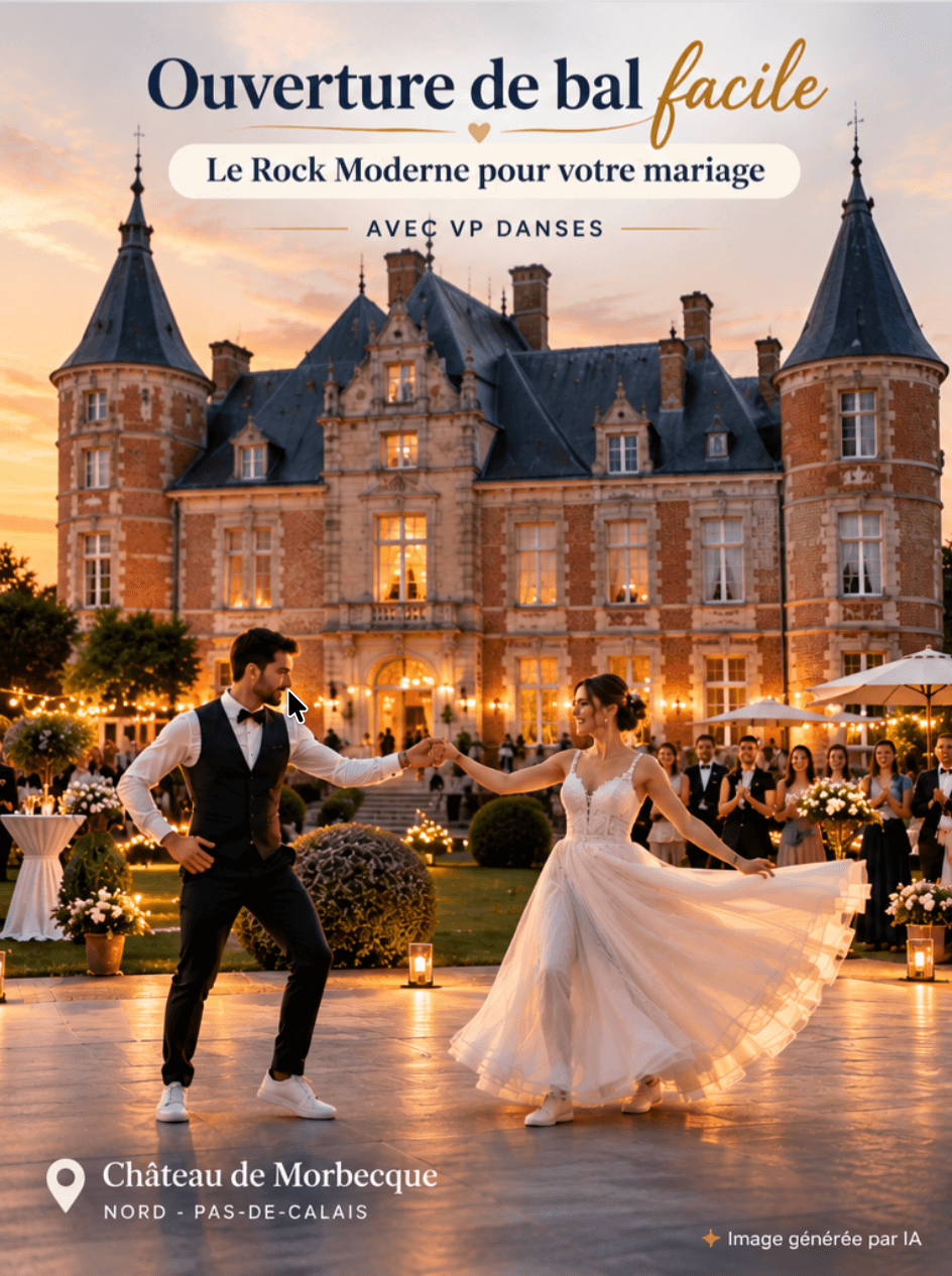 Mariés réalisant une figure de Rock Moderne devant le Château de Morbecque illuminé lors de leur ouverture de bal.
