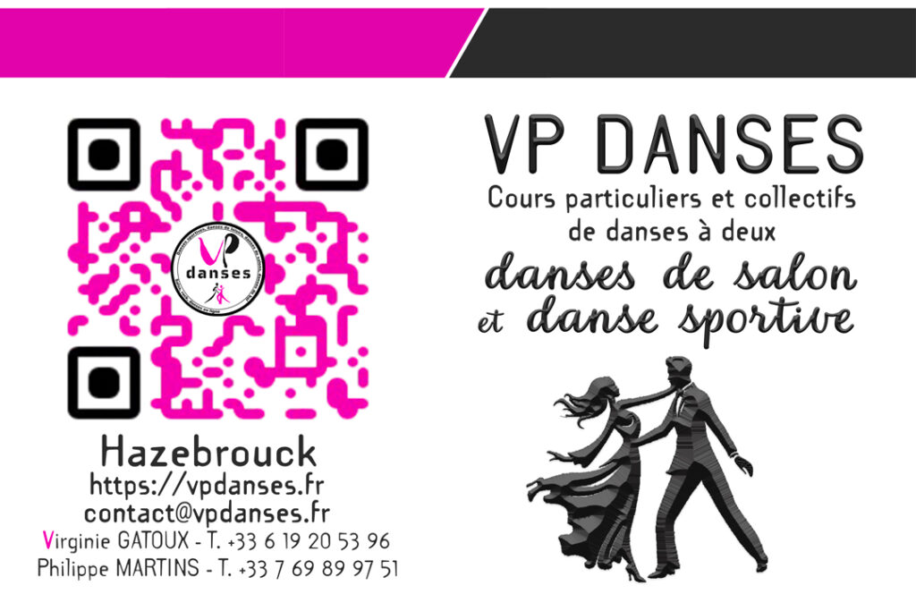 Carte de visite de VP DANSES Hazebrouck, cours privés et collectifs de danses à deux, danses de salon et danse sportive