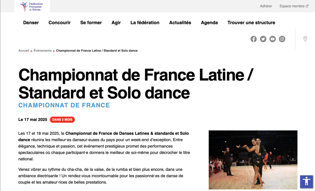 Page internet de la Fédération Française de Danses (FFD), Championnat de France Latines & Standards et Solo dance, les 17 et 18 Mai 2025