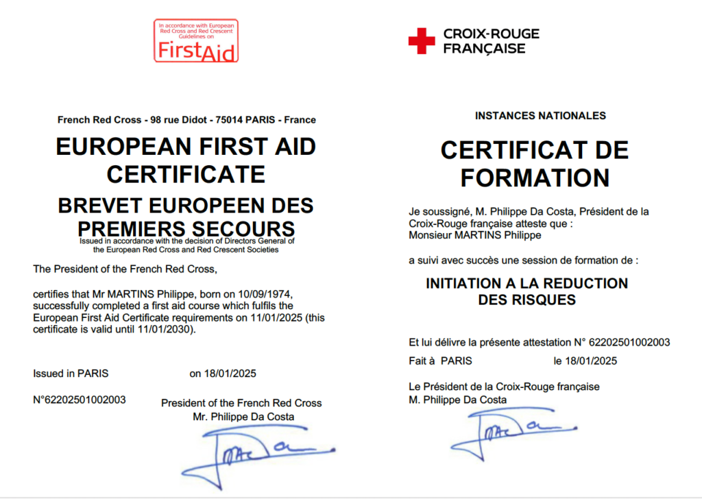 Attestation de formation Premiers Secours Citoyen, délivré par La Croix-Rouge française, à Philippe MARTINS (Trésorier de VP DANSES Hazebrouck), le 11/01/2025