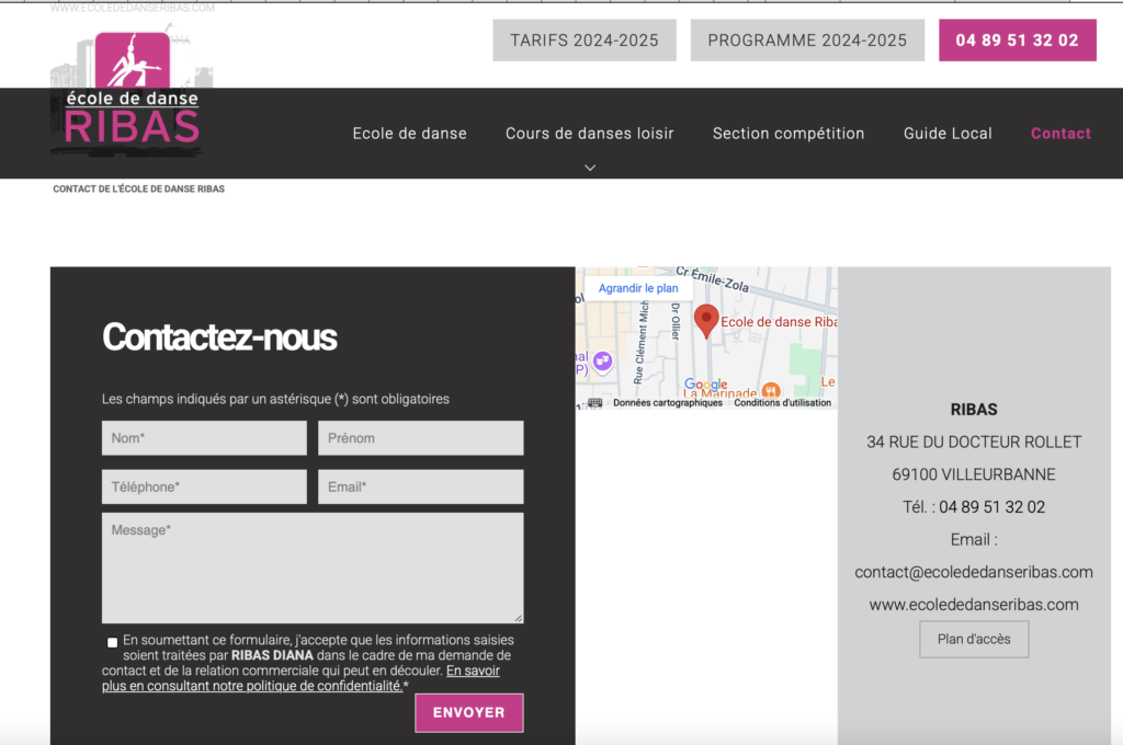 Page de contact du site internet de l' Ecole de danse Diana RIBAS
