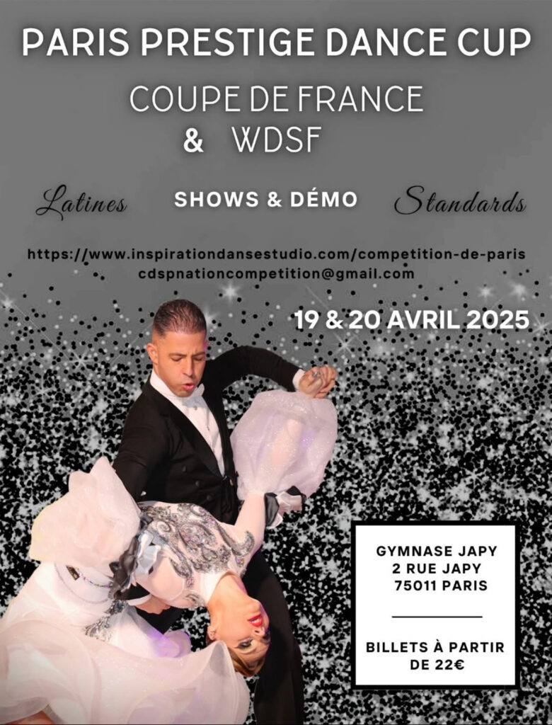 Coupe de France de danses Latines et danses Standards, le samedi 19 avril 2025, organisé par le CDS Paris Nation, sous l'égide de la Fédération Française de Danses (FFD). VP Danses Hazebrouck participera à cette compétition !