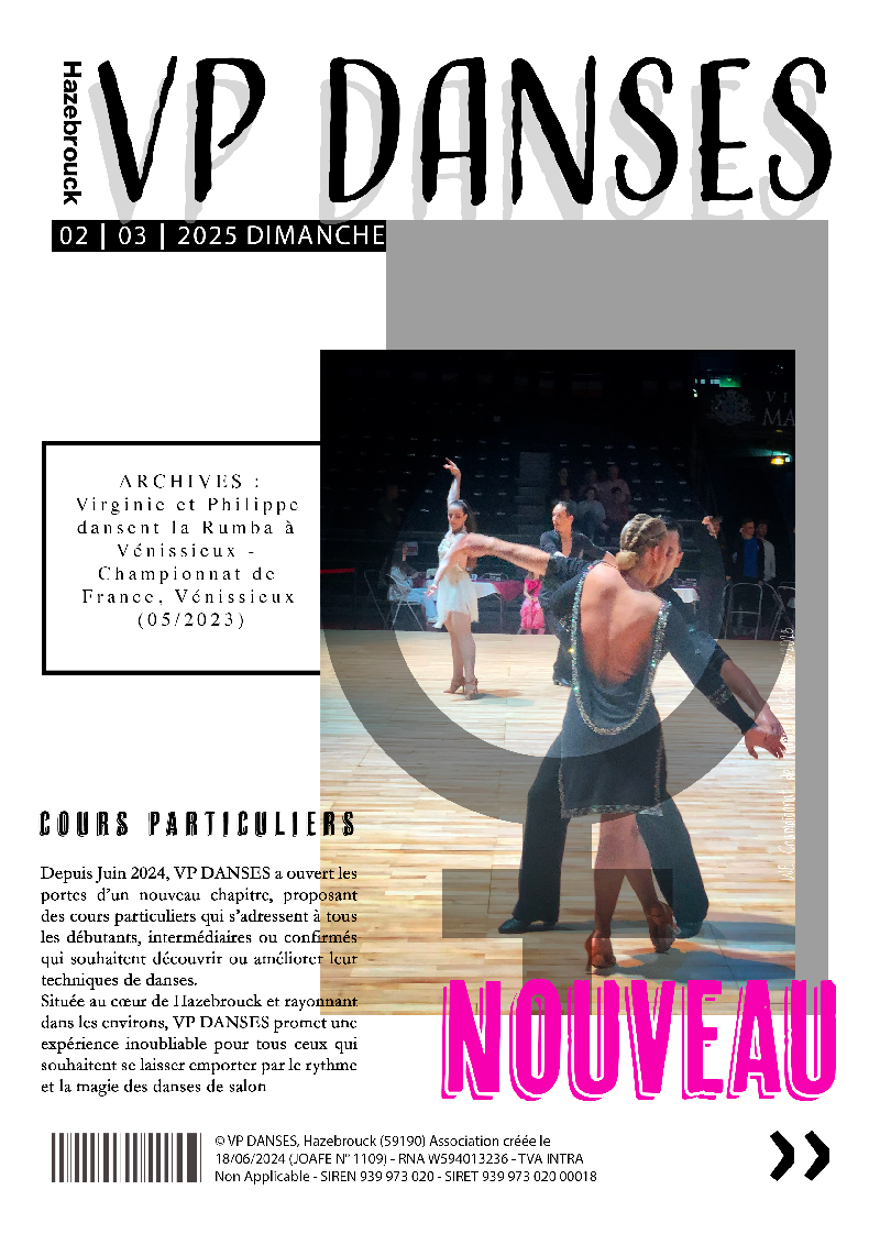 Depuis mai 2024, VP DANSES Hazebrouck a ouvert les portes d'un nouveau chapitre dans le monde de la danse de salon, offrant des cours particuliers qui s'adressent à tous les passionnés, novices ou confirmés