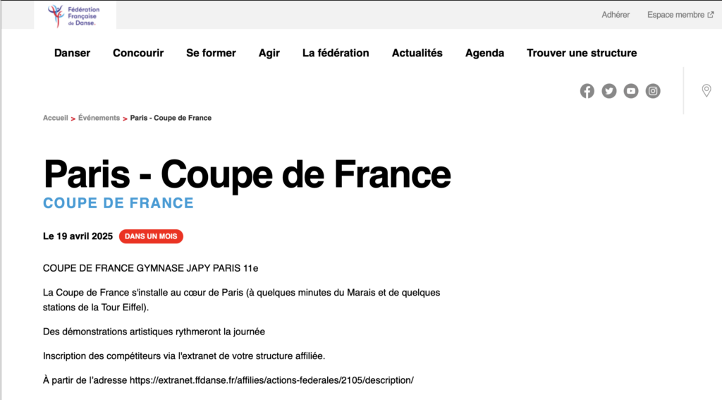 La Fédération Française de Danses coordonne la Coupe de France du 19 avril 2025 organisé par le CDS Paris Nation