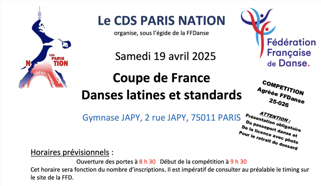 Circulaire de la Coupe de France de danses Latines et de danses Standards du samedi 19 avril 2025, organisé par le CDS Paris Nation, sous l'égide de la FFDanses