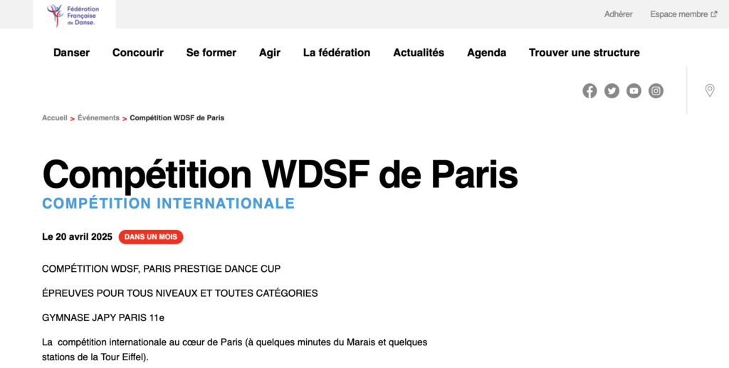 WDSF PARIS PRESTIGE DANCE CUP, lien sur le site internet de la Fédération Française de Danses (FFD)