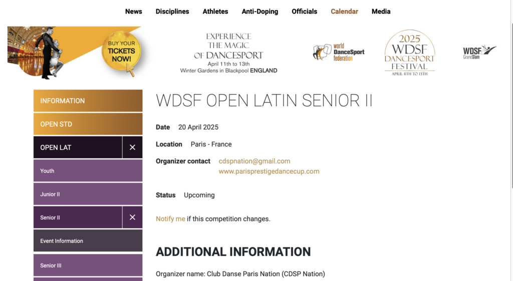 WDSF PARIS PRESTIGE DANCE CUP, lien sur le site internet de la World Dance Sport Federation (WDSF)