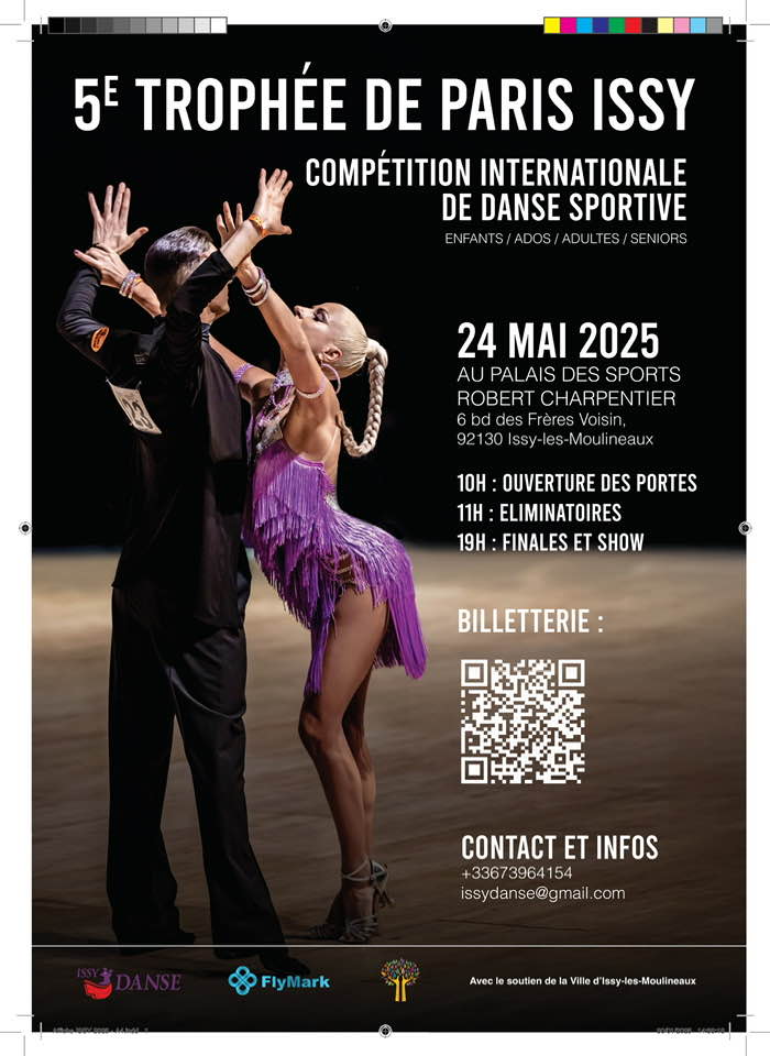 5ème Trophée Paris Issy revient pour une 5éme édition. Cette compétition internationale de danse sportive se déroulera le samedi 24 mai 2025 au Palais des Sports Robert Charpentier. A partir de 11h, les éliminatoires vont éblouiront jusqu'au point d'orgue, la finale, à 19h. Comme cette journée vous aura donné des fourmis dans les jambes, vous pourrez ensuite profiter d'une soirée dansante où seul le plaisir de se déhancher sera récompensé !
