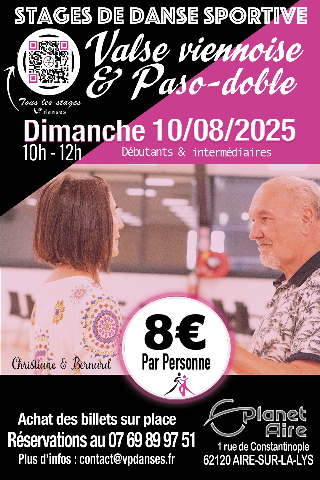 Affiche du stage de Danse Sportive dédiée à la Valse Viennoise et au Paso Doble, le 10 août 2025 de 10h à 12h à la salle de Danse de Planet'Aire, Aire-sur-la-Lys. Un stage dispensé par Virginie et Philippe de VP DANSES.