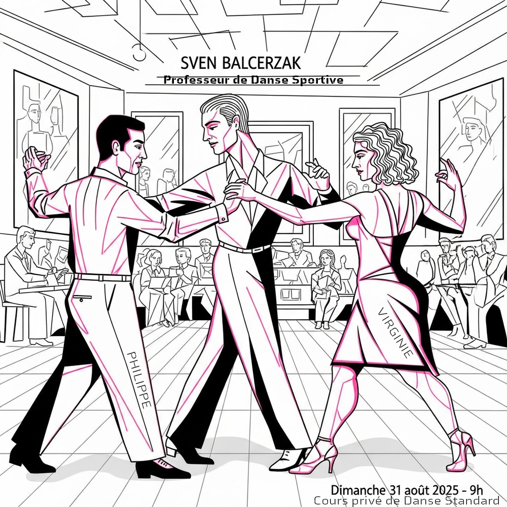 Sven Balcerzak enseignant la Danse Sportive à Virginie et Philippe dans un style artistique inspiré de Picasso