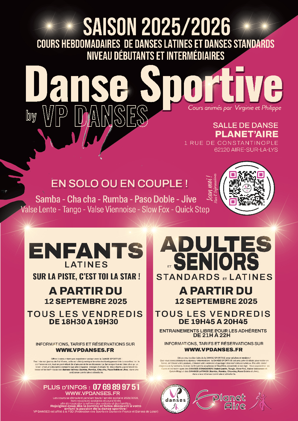 Cours collectifs danse sportive enfants vendredis 18h30-19h30 à Planet'Aire, Aire-sur-la-Lys. Initiation ludique danse. Inscriptions VP DANSES.