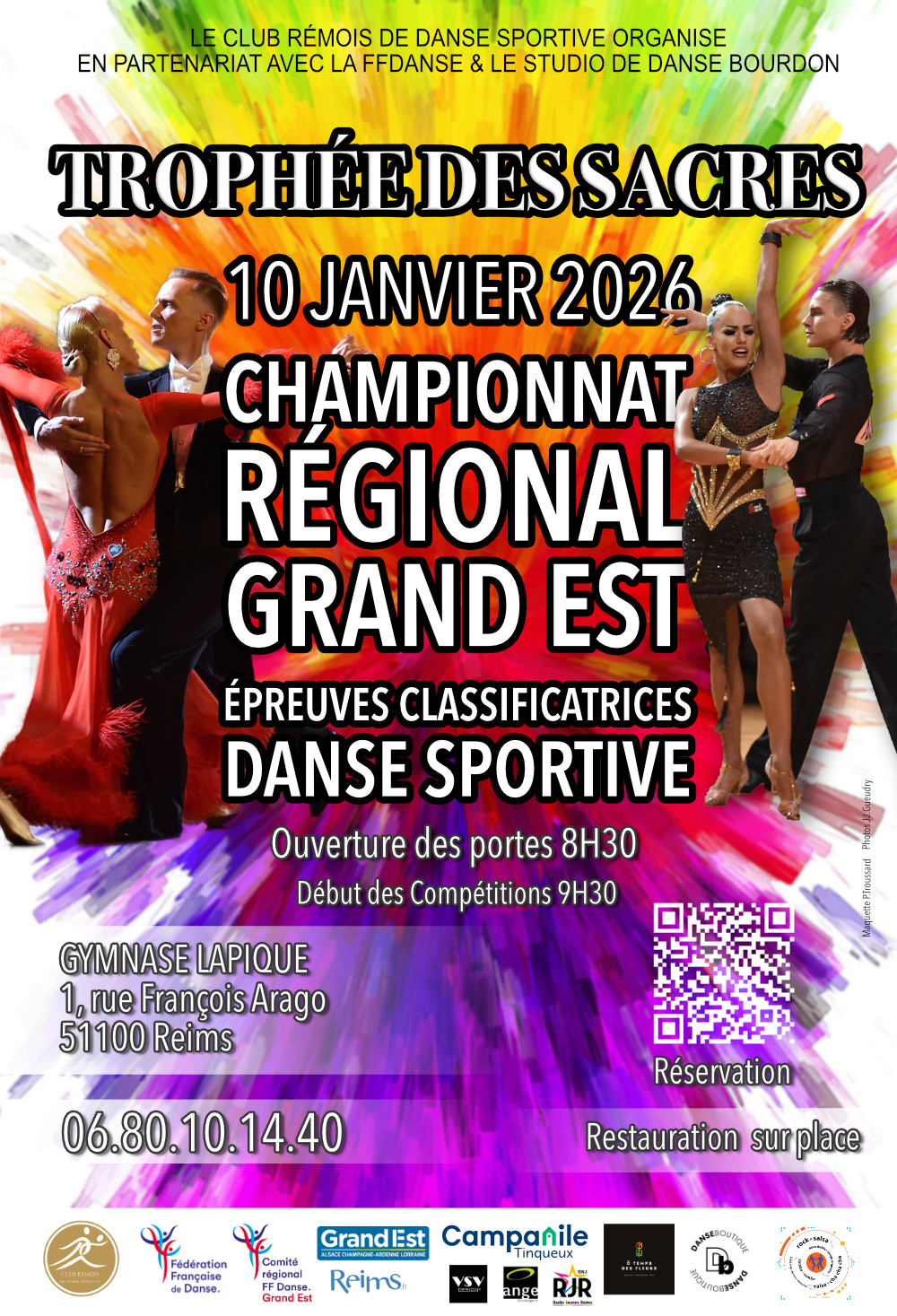 Affiche officielle du Trophée des Sacres 2026, compétition nationale de Danse Sportive à Reims, avec toutes les informations sur les dates, lieu, épreuves, juges et participants.