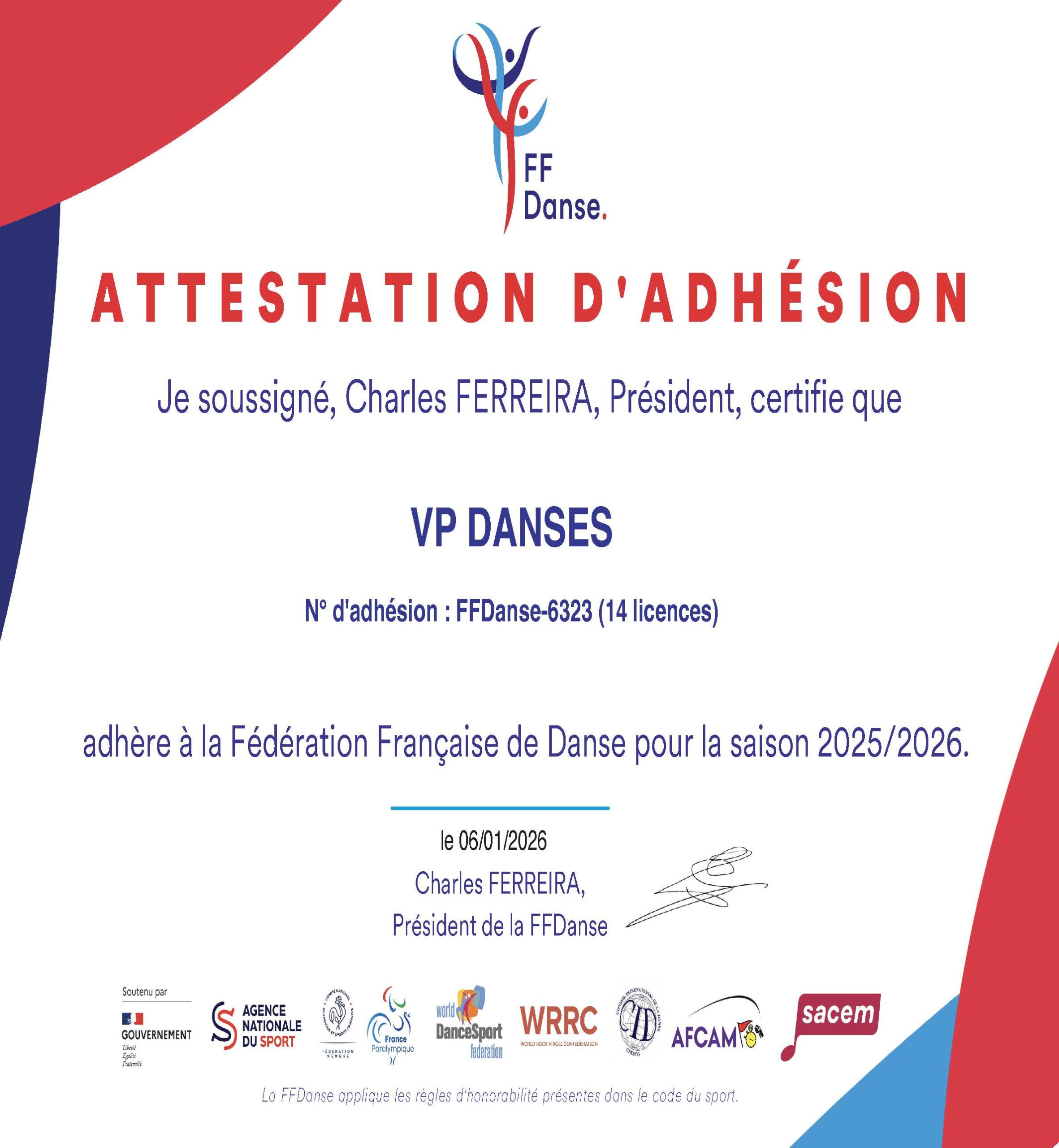 Attestation d'affiliation 2025-2026 de VP DANSES Hauts-de-France à la Fédération Française de Danse