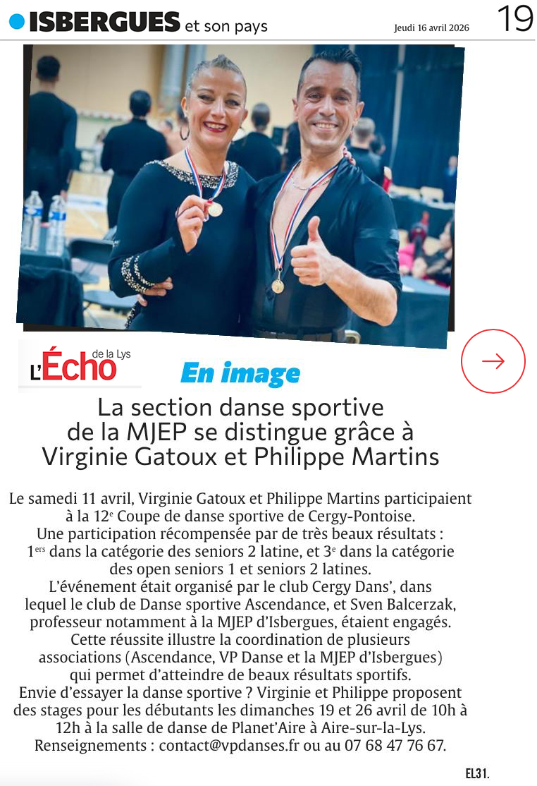 Virginie Gatoux et Philippe Martins, danseurs de VP DANSES et compétiteurs de ASCENDANCE CREATIV'DANSE, médaillés d’or en Seniors 2 Latines à la 12ème Coupe de Danse Sportive de Cergy-Pontoise.